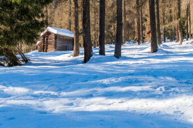 Val Fiscalina, Güney Tyrol, Dağlarda ve ahşap kulübelerde kış mevsimi manzarası 