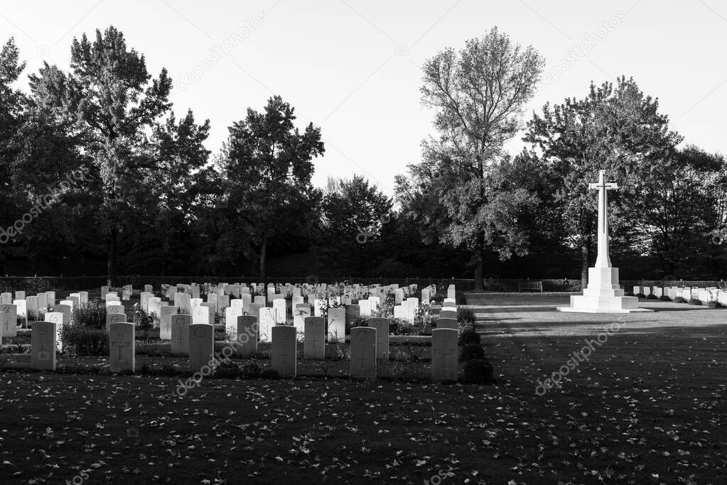 Black and white photo of war cemetery in Udine, Italy.