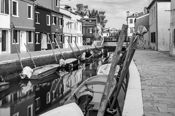 Preto Branco Hora Dia Burano Murano Canal Cityscape Com Edifícios — Fotografia de Stock