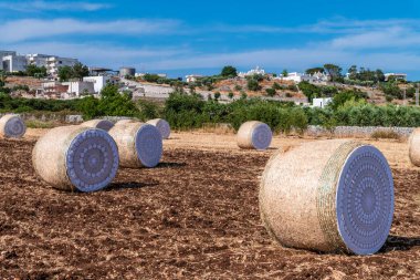 Locorotondo, İtalya - 4 Temmuz 2021: Arka planda şehir bulunan samanlıklardan oluşan sanat sergisi