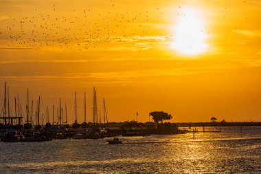 Günbatımı gökyüzü ve deniz suyu yüzeyi, sakin deniz manzarası, Grado, İtalya