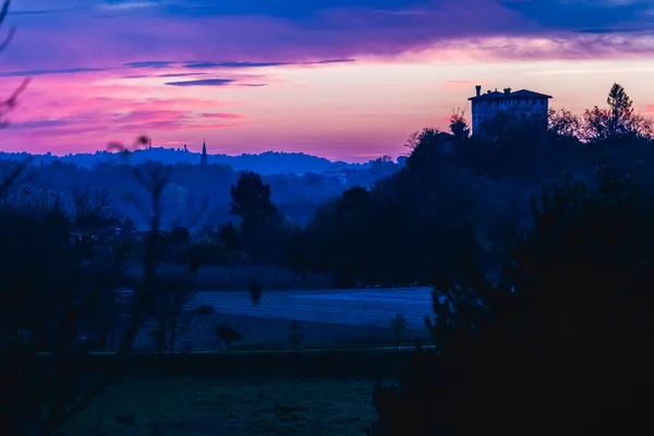 Puesta Del Sol Hermosa Vista Panorámica Cassacco Italia — Foto de Stock