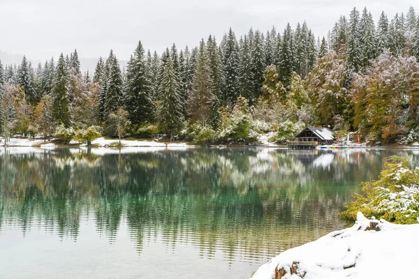 Scenic View Snowy Lake Fusine Italy — Stock Photo, Image