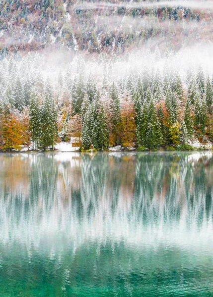 Vista Panoramica Del Lago Innevato Fusine — Foto Stock