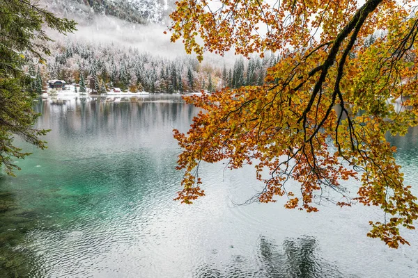 Vista Panoramica Del Lago Innevato Fusine — Foto Stock