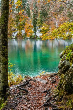 Karlı göl manzarası Fusine, İtalya 