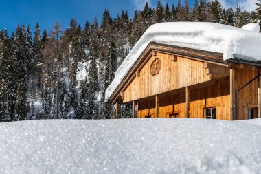 Evle karlı ormanın gündüz çekimi. Kar ve soğuk.