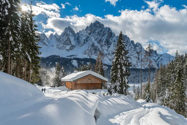 家と雪の森の日の時間のショット 雪と寒さ — ストック写真