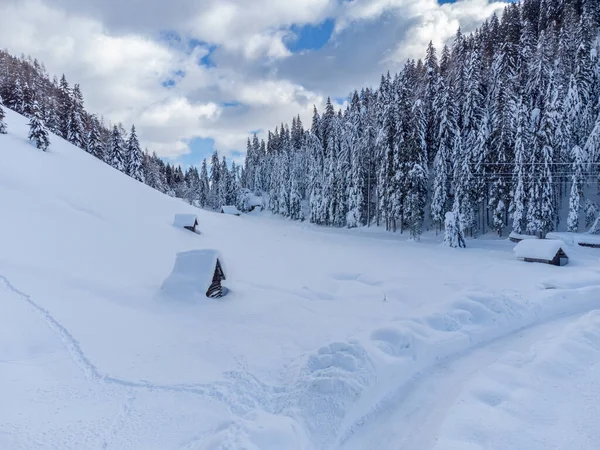 意大利Sappada县 积雪覆盖着木屋和房屋 山区冬季景观 — 图库照片