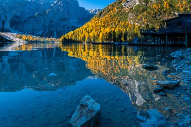 Braies Gölü 'nde sonbahar ve altın yansımalar. Dolomitlerin Parkı.