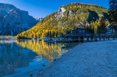 Braies Gölü 'nde sonbahar ve altın yansımalar. Dolomitlerin Parkı.