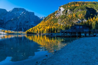 Braies Gölü 'nde sonbahar ve altın yansımalar. Dolomitlerin Parkı.