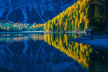 Braies Gölü 'nde sonbahar ve altın yansımalar. Dolomitlerin Parkı.