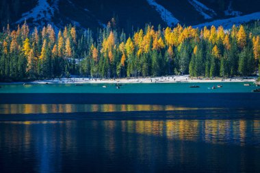 Braies Gölü 'nde sonbahar ve altın yansımalar. Dolomitlerin Parkı.
