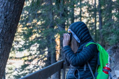 Sırt çantalı genç bir kadın ormanda yerde oturuyor.