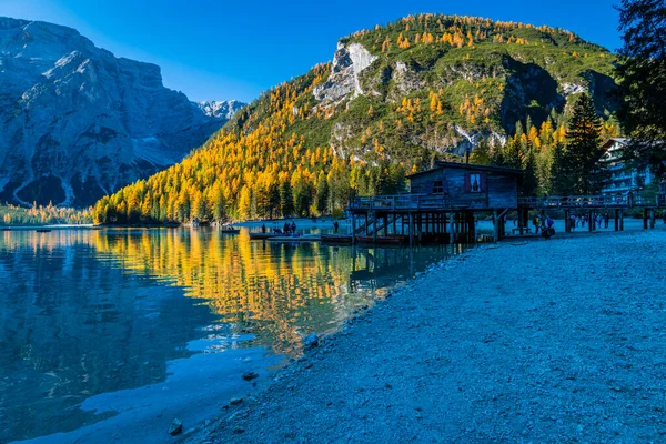 Braies Gölü 'nde sonbahar ve altın yansımalar. Dolomitlerin Parkı.