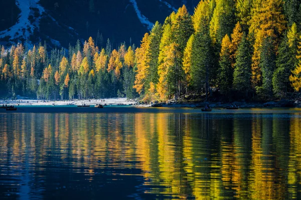 Braies Gölü 'nde sonbahar ve altın yansımalar. Dolomitlerin Parkı.