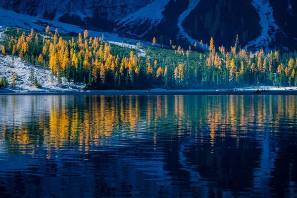 Braies Gölü 'nde sonbahar ve altın yansımalar. Dolomitlerin Parkı.
