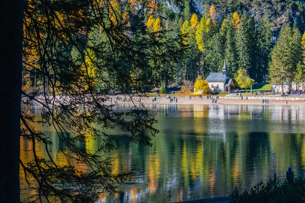 Braies Lake Background Colorful Autumn Italian Alps Dolomite Italy Europe — Stock Photo, Image