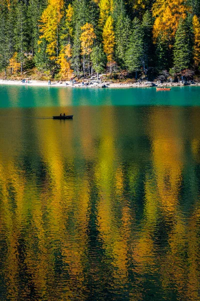 Herbst Und Goldene Spiegelungen Pragser See Park Der Dolomiten — Stockfoto