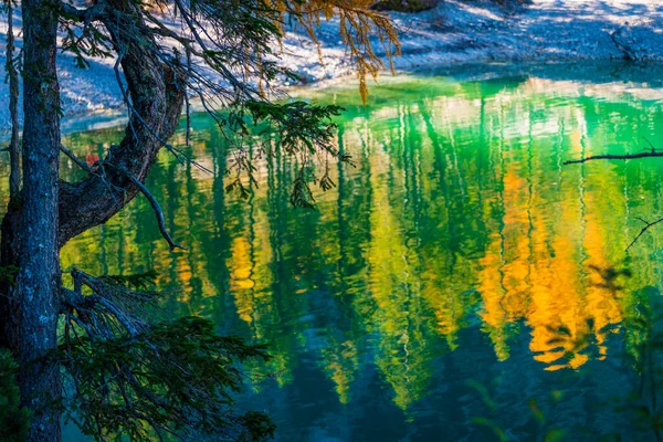 Lago Braies Fondo Colorido Otoño Los Alpes Italianos Dolomita Italia — Foto de Stock