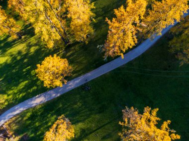 Val Fiscalina 'da sonbahar, Dolomites Park. Güzel dağ manzarasının havadan görünüşü