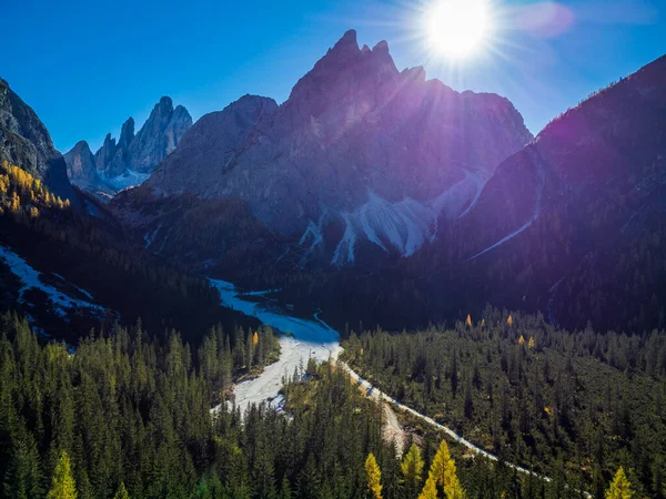 Outono Val Fiscalina Dolomites Park Vista Aérea Bela Paisagem Montanhosa — Fotografia de Stock