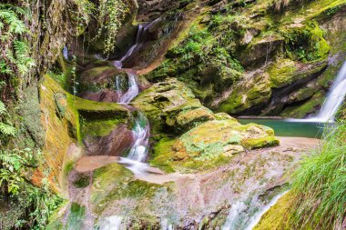 Ormandaki şelale. Caglieron mağaraları ve şelaleler. Zümrüt renkli büyü.  