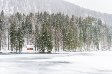 Soğuk kış ve Friuli Venezia Giulia, İtalya 'da Fusine Gölü.