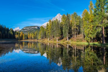 Antorno Gölü 'nde sonbahar renkleri. Dolomitleri sihirli bir şekilde gördüm. Lavaredo 'nun üç zirvesi