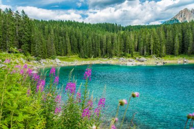 Renklerin patlaması. Carezza Gölü. Dolomitler. İtalya