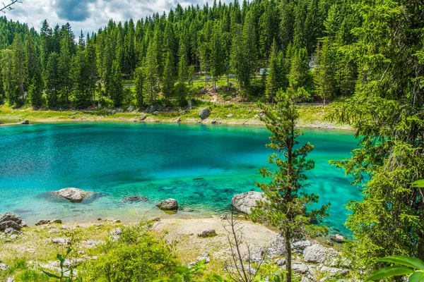 Explosão Cores Lago Carezza Dolomitas Itália — Fotografia de Stock