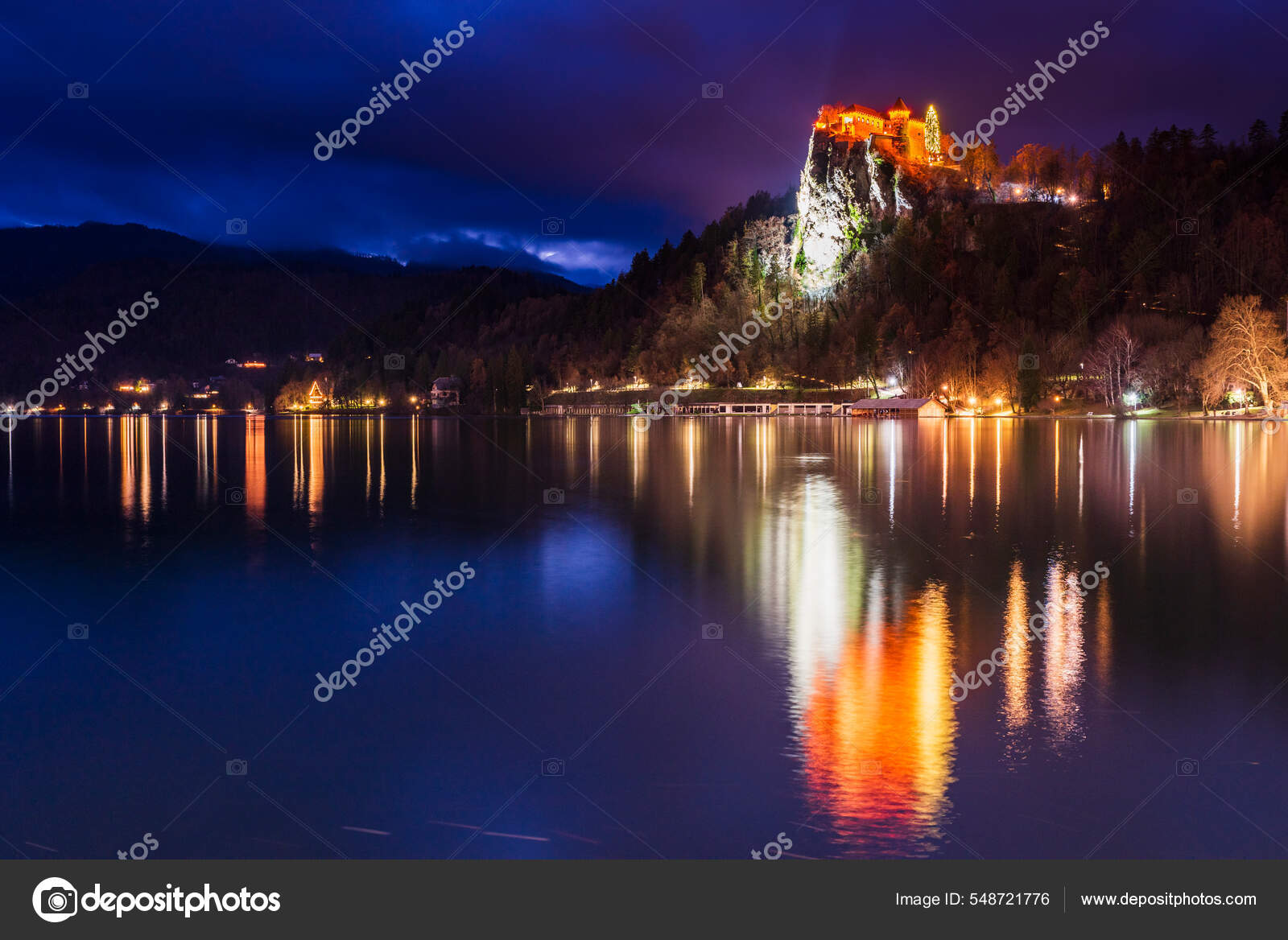 Night Lake Bled Christmas Atmosphere Lights Castle Church Annunciation