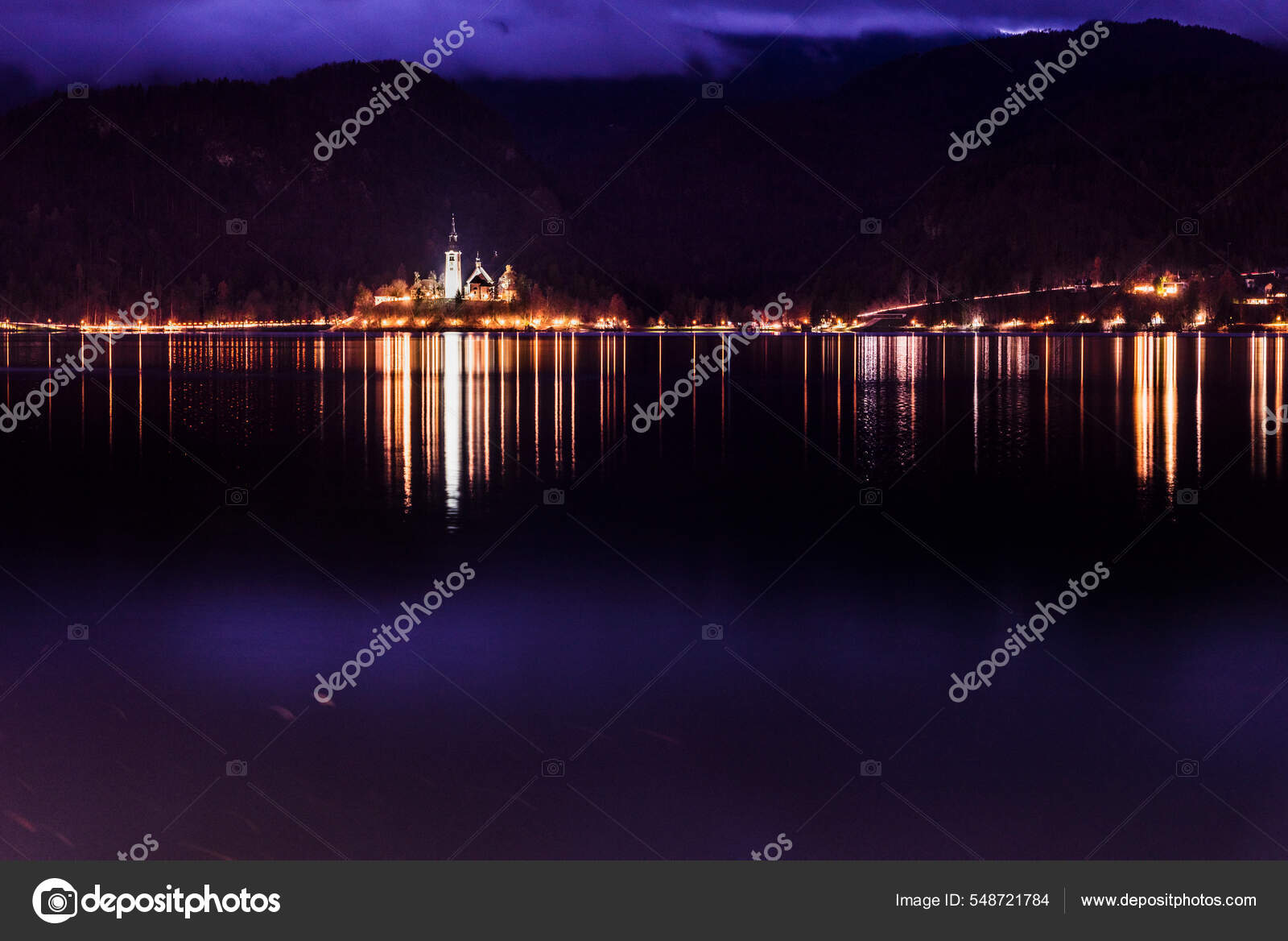 Night Lake Bled Christmas Atmosphere Lights Castle Church Annunciation