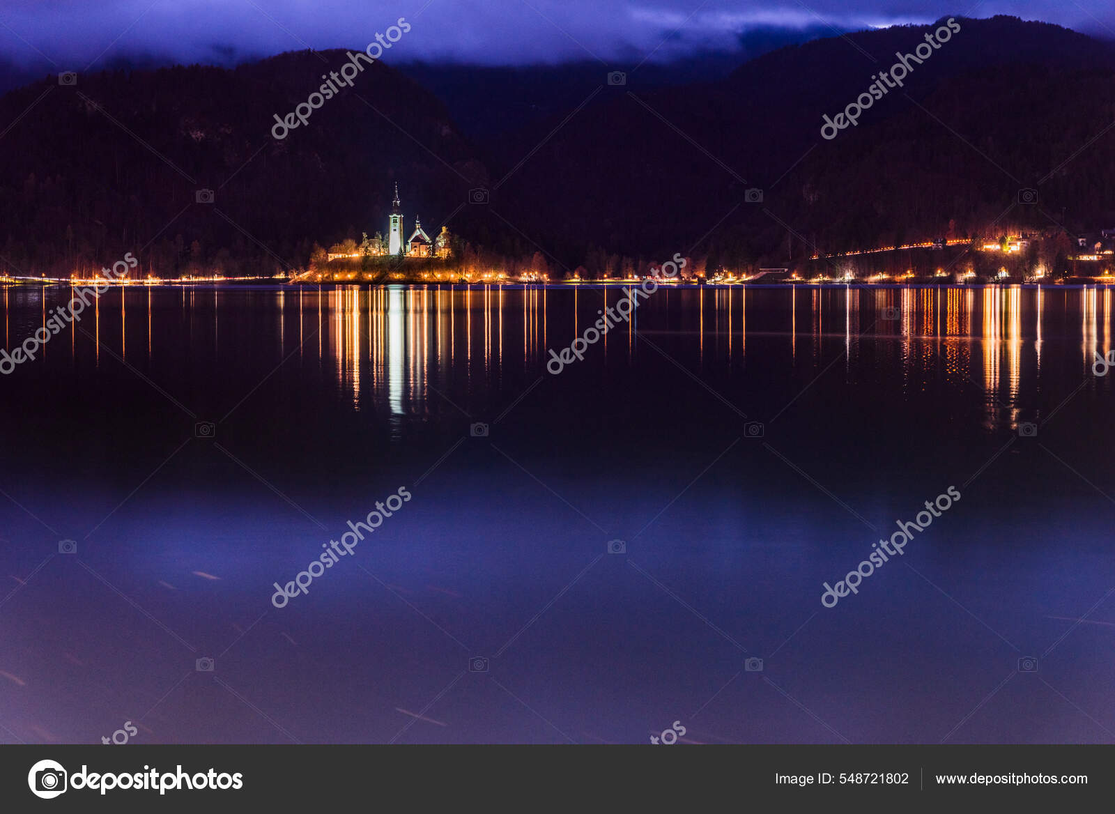 Night Lake Bled Christmas Atmosphere Lights Castle Church Annunciation Stock Photo by
