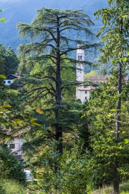 POLCENIGO, İtalya - 1 Eylül 2019: İtalya 'daki eski şehir mimarisinin manzaralı görünümü