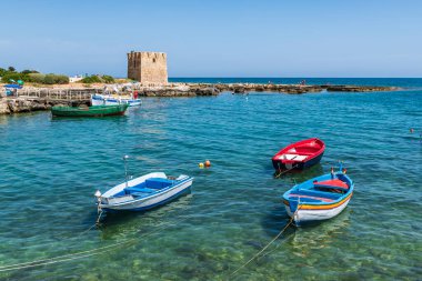 Polignano a Mare, İtalya: 18 Haziran 2019: İtalya 'nın güney Adriyatik kıyısındaki Polignano a Mare kasabasının muhteşem manzarası.