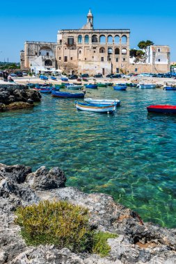 Polignano a Mare, İtalya: 18 Haziran 2019: İtalya 'nın güney Adriyatik kıyısındaki Polignano a Mare kasabasının muhteşem manzarası.