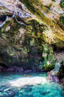 Polignano a Mare, İtalya: 18 Haziran 2019: İtalya 'nın güney Adriyatik kıyısındaki Polignano a Mare kasabasının muhteşem manzarası.
