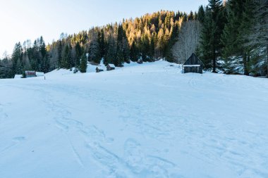 İtalya 'nın Friuli bölgesinde kışın eski ahşap evler