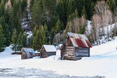 İtalya 'nın Friuli bölgesinde kışın eski ahşap evler