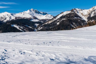 Karlı dağları olan güzel bir kış manzarası. İtalya 'nın Friuli-Venezia Giulia bölgesinde Udine ili Sauris komünü manzarası. Sauris, Friuli 'nin Carnia dağlık bölgesinde, Carnic Alpleri' nin Lumiei Vadisi 'nde yer almaktadır..