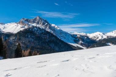 Karlı dağları olan güzel bir kış manzarası. İtalya 'nın Friuli-Venezia Giulia bölgesinde Udine ili Sauris komünü manzarası. Sauris, Friuli 'nin Carnia dağlık bölgesinde, Carnic Alpleri' nin Lumiei Vadisi 'nde yer almaktadır..