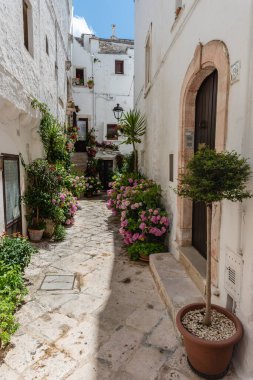 Yaz güneşinde Locorotondo. Sıcak Puglia