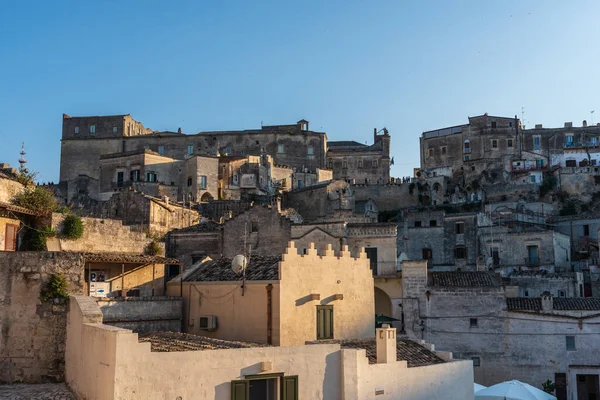 Sassi Van Matera Sasso Barisano Bij Zonsondergang Magie Van Grotwoningen — Stockfoto