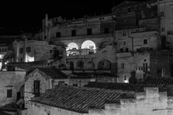 Nachtansicht Der Antiken Straßen Und Häuser Matera Italien — Stockfoto