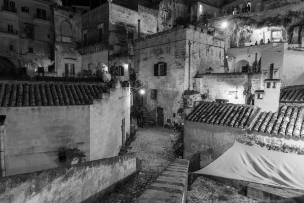 Nachtansicht Der Antiken Straßen Und Häuser Matera Italien — Stockfoto