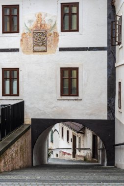 Skofja Loka mimarisi ve şehir manzarası, Slovenya, Aralık 2018