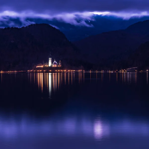 Lac Bled Nuit Décembre Slovénie — Photo