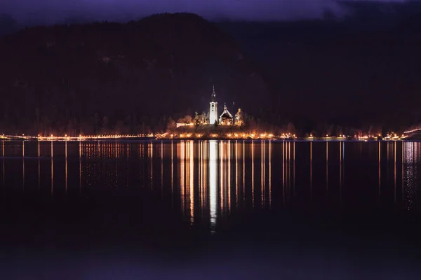 Jezero Bled Noci Prosinci Slovinsko — Stock fotografie